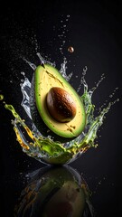Avocado half in vibrant water and oil splash