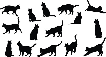 Cat silhouette vector illustration collection with various poses, black feline artwork, pet animal graphic design elements for creative projects decoration