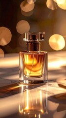 Elegant Golden Perfume Bottle on Marble Surface with Bokeh Lights Luxury Fragrance in Square Glass Bottle, Warm Lighting Reflection and Shadow