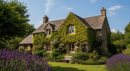 Idyllic cotswold stone cottage with lavender and climbing ivy