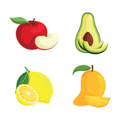 Set of fresh fruits: apple, lemon, mango and avocado. Isolated vector illustration