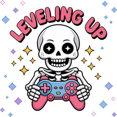 skeleton gamer celebrating, leveling up banner, pink controller, confetti background, cute esports mascot, retro arcade style vector