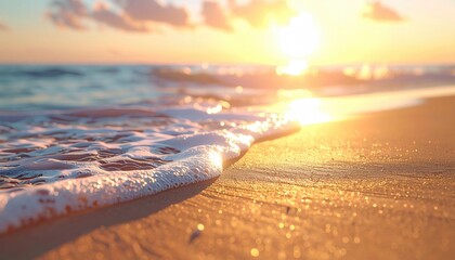 Golden Sunset on Sandy Shore with Gentle Waves and Warm Sunlight Beach Scenery in Coastal View