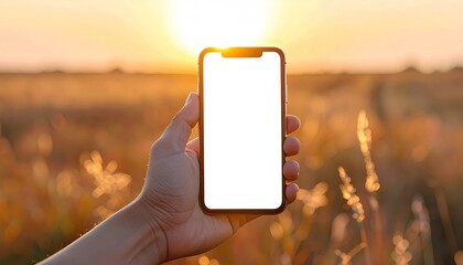 Hand Holding Phone Displaying a Blank Screen during Sunset Field Scenery Mobile Technology Communication in Nature Warm Tones and Bright Light