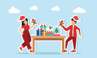 Man and woman in red outfits with santa hats holding gingerbread near table with chocolate pudding gift boxes and christmas decorations illustration of holiday celebration
