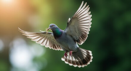 Pigeon flying with nesting material in beak