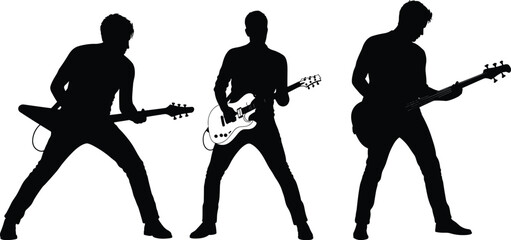 Silhouette of rock guitarists playing electric guitar on stage, live concert performance illustration, music band vector, rock and roll show
