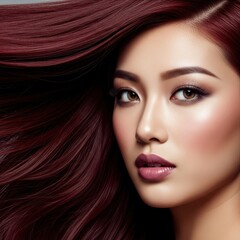 Fototapeta premium Close-up portrait of a young asian woman with flowing auburn hair and striking makeup