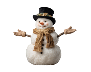 Happy classic snowman with top hat and scarf. cheerful winter character for holiday decor, isolated with open arms in welcoming pose for festive celebration