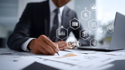 Businessman analyzing financial compliance reports on virtual screen, regulatory icons overlaid, sharp modern office setting, high clarity visuals --ar 16:9