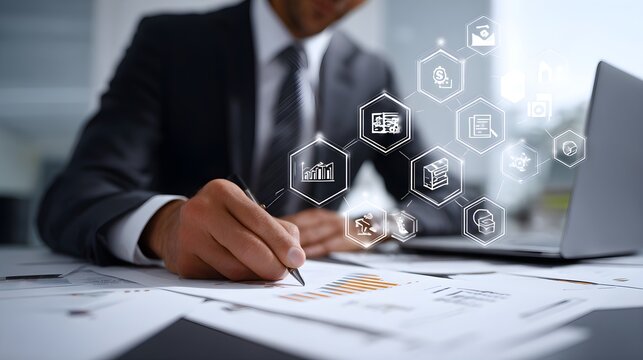 Businessman analyzing financial compliance reports on virtual screen, regulatory icons overlaid, sharp modern office setting, high clarity visuals --ar 16:9