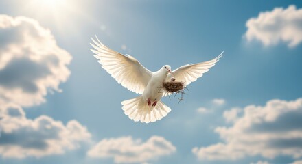 Obraz premium White dove carrying a nest with chick flying in cloudy sky