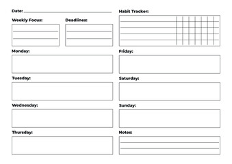 Weekly A4 planner with habit tracker, notes, weekly focus and deadlines, horizontal layout