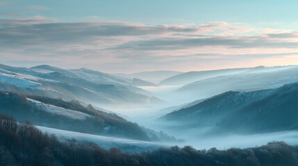 Misty mountain valley sunrise