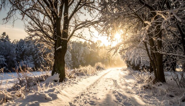 Winter sun shines through snowy trees