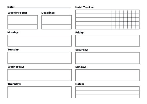 Weekly A4 planner with habit tracker, notes, weekly focus and deadlines, horizontal layout