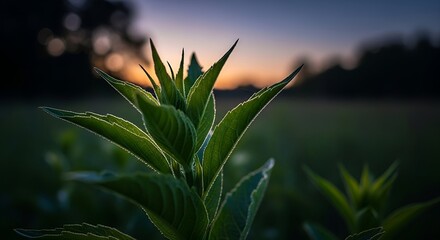 Backlit Plant Silhouette Against a Dusk Sky, Revealing Delicate