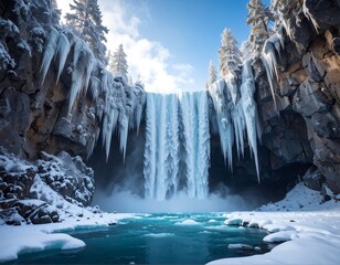 Icy waterfall in a winter wonderland