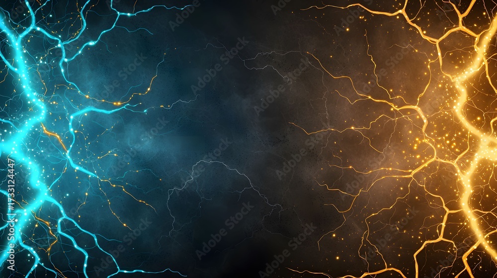 Wall mural a dynamic scene presents an abstract dark backdrop with vibrant blue lightning on the left and glowi
