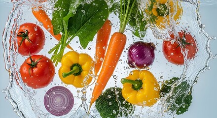 Fresh Vegetables in Water Splash: Vibrant Colors and Dynamic Com