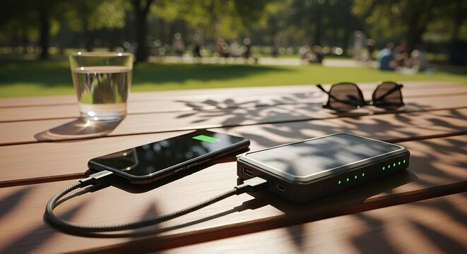 Phone charging from solar power bank on wooden table in sunlit p - Powered by Adobe