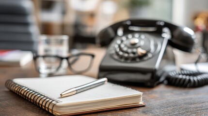 Vintage telephone and notepad on wooden surface