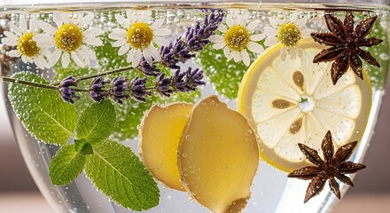 Refreshing infused water with chamomile, lavender, lemon, ginger