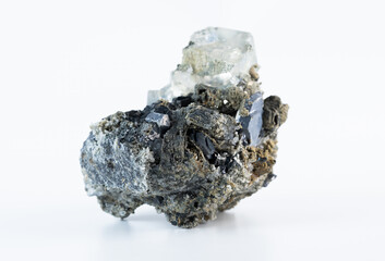 Natural fluorite stone with pyrite golden specks and galena lead glance crystal, a geological...