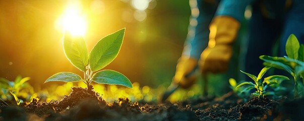 Sustainable tourism eco-tourism biodiversity Sunlight Through Leaves in Garden Soil with Hands Cultivating Plants