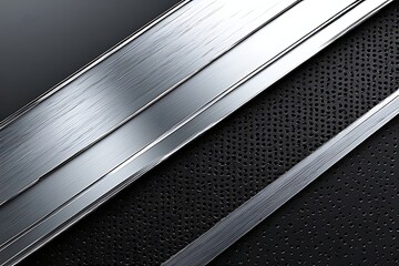 Polished silver metal strips over black perforated steel create a high-tech futuristic pattern, great for modern product mockups, automotive design, and cyber interfaces.