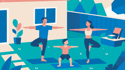 Illustration Of A Family In Sportswear Doing Yoga Movements In A Beautiful Yard Atmosphere Vector Design Template