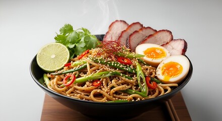 Steaming Noodle Bowl with Pork, Soft Boiled Eggs, and Fresh Lime