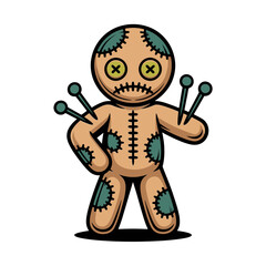 Voodoo pin doll, stitched burlap toy, needles puncturing body, creepy cute charm, Halloween themed emblem, detailed vector illustration