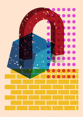 Risograph Magnet with geometric shapes. Objects in trendy riso graph print texture style design with geometry elements.
