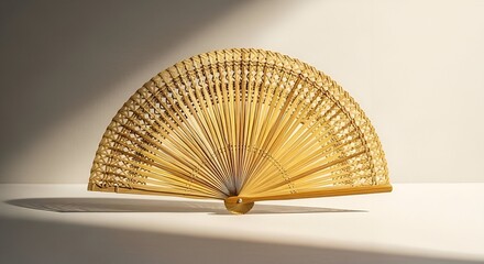 Intricate Bamboo Hand Fan with Dramatic Shadow on a White Surfac