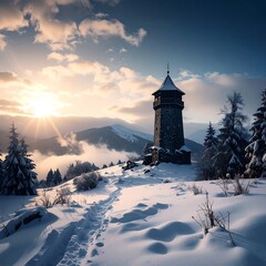 Snowy mountaintop tower at sunset