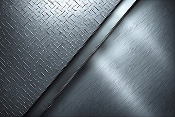 Diagonal split of brushed steel and embossed geometric metal surface, giving a sleek futuristic industrial vibe, perfect for technology branding and modern wallpapers.