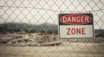 Danger Zone High-Risk Area Demolition Site with Warning Sign and Chain Link Fence
