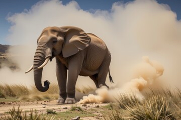 Fototapeta premium Majestic African Elephant Walking Through Dusty Landscape Under Bright Blue Sky