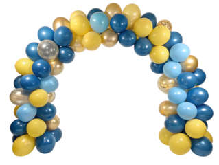 Green, yellow and blue balloon arch isolated on white or transparent background