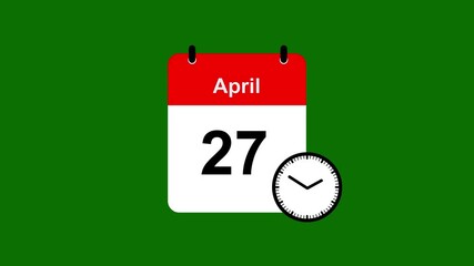 April 27 Calendar Banner with Time Icon Animation. April 27 Calendar Animation with Red and White Banner.