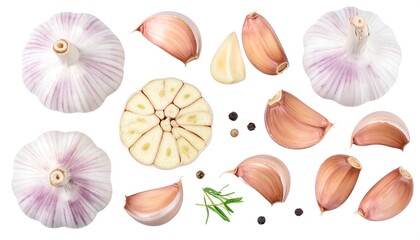 Overhead shot of garlic bulbs, cloves, and a sliced garlic head arranged on a stark white backdrop, with scattered peppercorns