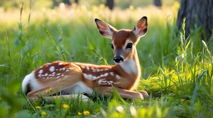 Young whitetail deer in lush grass – gentle sunlight casting soft shadows, emphasizing innocence and lifelike features.