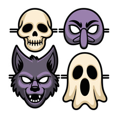 Halloween masks collection, skull mask, hockey style mask, werewolf head, spooky ghost, sticker pack icons, clean vector set