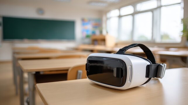White virtual reality headset on wooden desk in classroom technology education