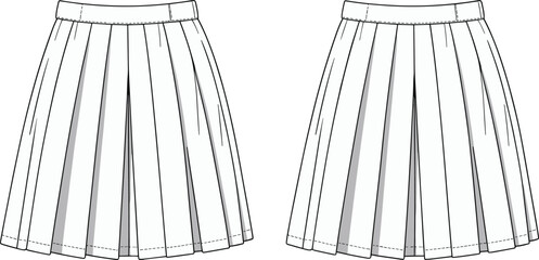 Pleated skirt technical fashion template cad drawing flat vector illustration for apparel design, sewing pattern guide, professional garment construction reference