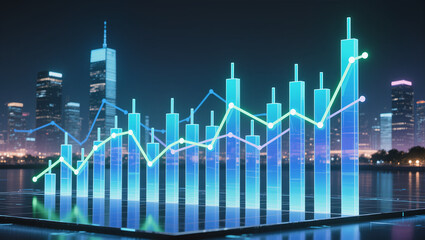 Fototapeta premium Financial Growth Chart Overlayed on a Cityscape at Night