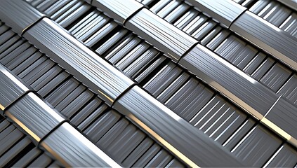 Modern close-up of interlocked brushed steel bars forming a sleek geometric surface, offering a stylish industrial feel for architecture or high-tech product design.