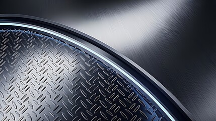 Close-up of a round diamond-plate steel panel with soft blue lighting rim, perfect for industrial, automotive, or futuristic technology presentations.