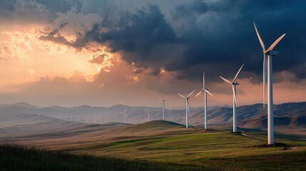 Wind turbines on hill against cloudy sky at dusk